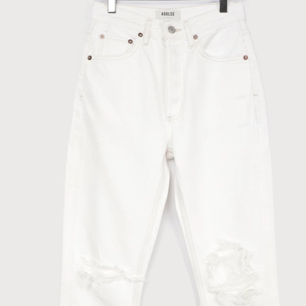 Agolde | Riley White Distressed High Rise Straight Cropped Jeans (Size 27)